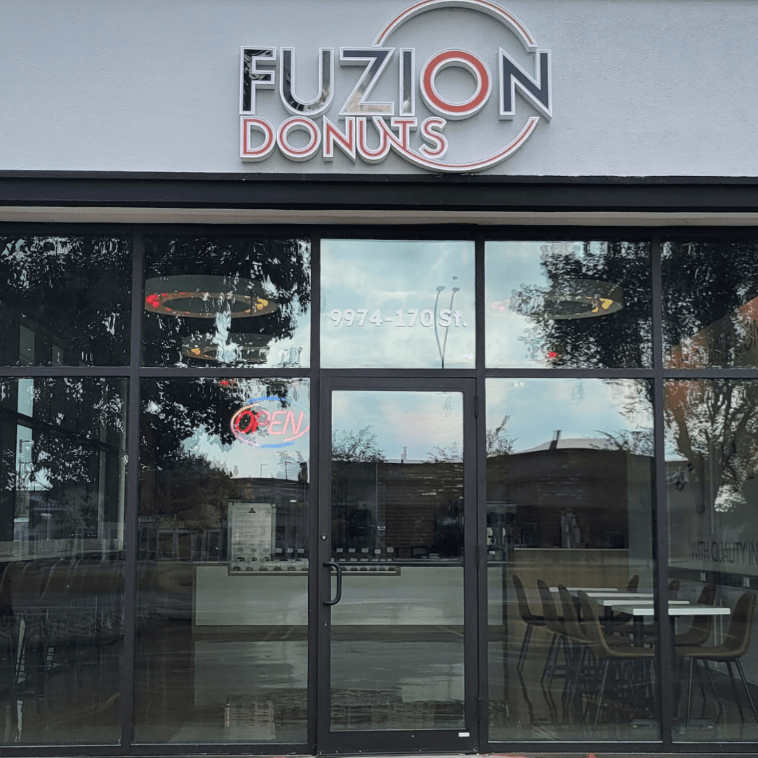Fuzion Donuts West End location storefront in Edmonton